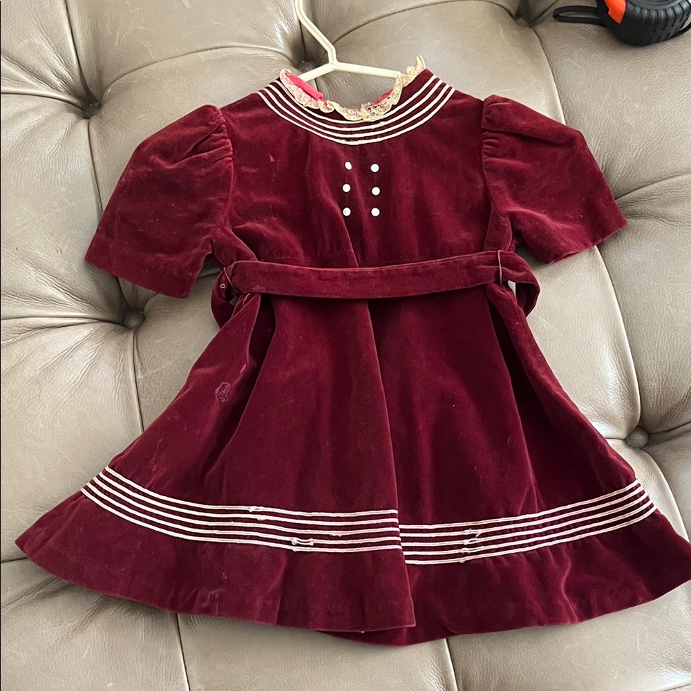 Vintage Velvet Burgundy Girls Dress with Sailor Collar